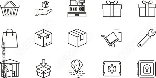 Complete set of retail and delivery line icons featuring shopping baskets gift boxes cash registers delivery carts secure safes and logistics symbols for commerce