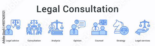 Legal consultation banner web icon provides advice through analysis and counsel opinion for strategic legal services.