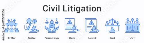 Civil litigation banner web icon addresses tort and personal injury claims through lawsuit proceedings with court jury trials.
