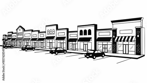 Line Art Illustration of a Strip Mall with Parking.