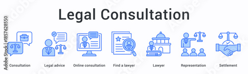 Legal consultation banner web icon provides advice through online platforms connecting clients with lawyers for representation.