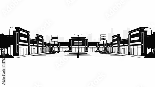 Monochromatic Shopping Center Facade with Parking Lot Illustration.