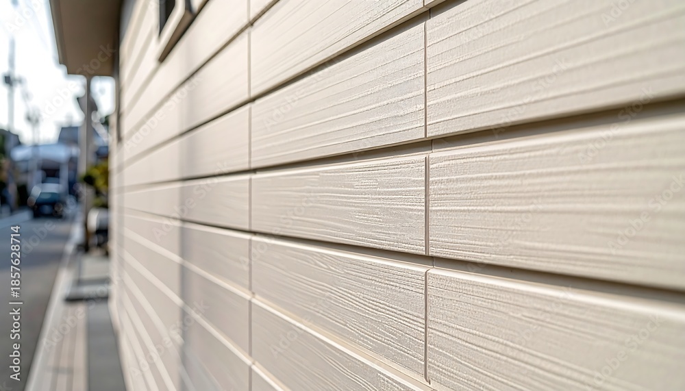 Obraz premium 住宅外壁の素材感が際立つ横ライン構造を捉えた建築ディテール表現