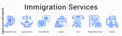 Immigration services banner web icon provides legal consultation with lawyers for registration form access under immigration law.