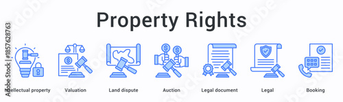 Property rights banner web icon handles intellectual property valuation and land disputes through auction with legal documentation.