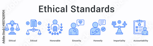 Ethical standards banner web icon establishes honorable conduct with sincerity and impartiality ensuring accountability frameworks.