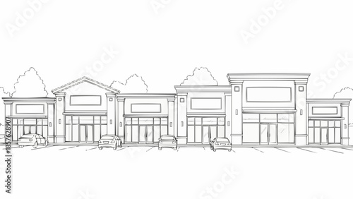 Detailed Sketch of a Commercial Strip Mall Facade.
