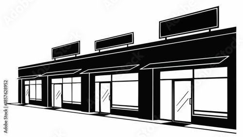 Row of Commercial Buildings with Blank Signage for Customization.