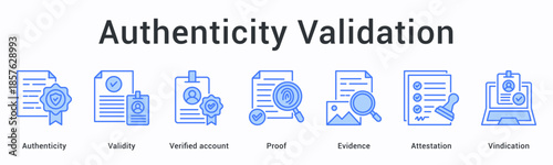 Authenticity validation banner web icon confirms validity through verified proof and evidence with attestation and vindication.