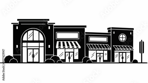 Black and White Illustration of a Shopping Center Facade.