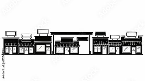 Silhouette of a row of shops and businesses on a street.