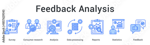 Feedback analysis banner web icon collects survey research data through processing for statistical reports and insights.