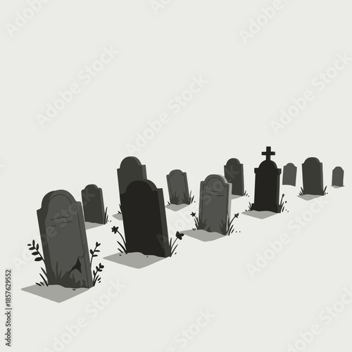 A minimalist illustration of a graveyard with numerous dark grey tombstones and a single cross, set against a light background.
