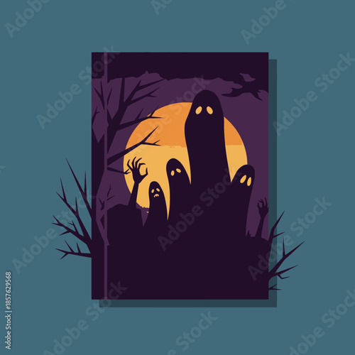 Spooky Halloween night illustration with ghostly figures, bare trees, and a large full moon in a dark, eerie landscape.