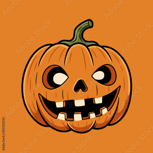 A cheerful cartoon jack-o'-lantern with a wide, toothy grin and triangular eyes, set against a vibrant orange background, perfect for Halloween.