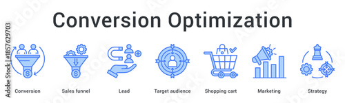 Conversion optimization banner web icon develops sales funnel from lead to target audience shopping cart through marketing strategy.