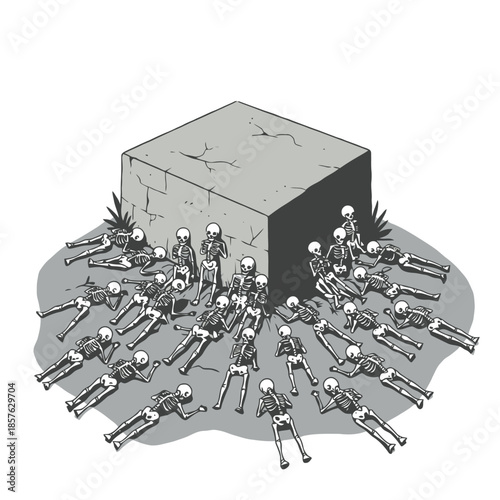 An illustration depicting numerous skeletons gathered around a large, weathered stone block on the ground.