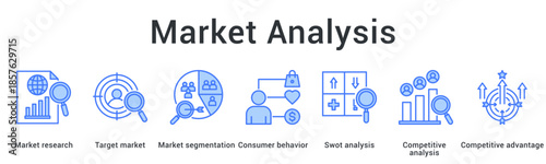 Market analysis banner web icon examines target market segmentation and consumer behavior through competitive advantage assessment.