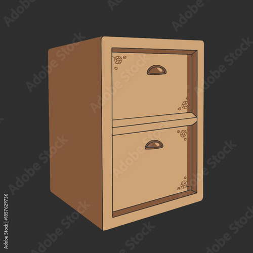 A brown two-drawer filing cabinet with decorative handles and corner accents.