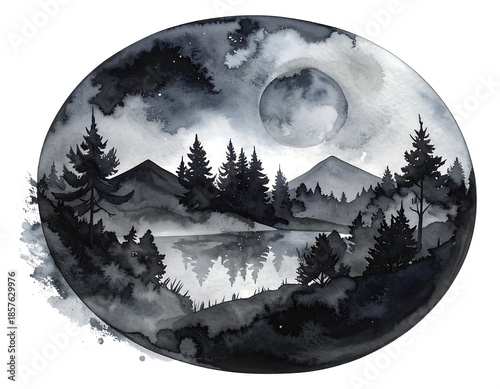 Watercolor landscape oval shadowy trees line still lake under moonlit sky with mountains beyond, soft, monochrome palette