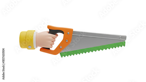 3D Cartoon hand holding a saw on transparent background