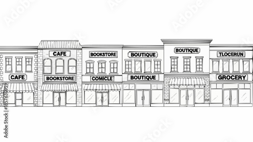 Detailed Sketch of a Commercial Building Facade with Various Shops.