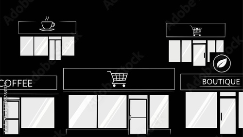 Storefronts - Coffee Shop, Grocery Store, and Boutique Illustrations.