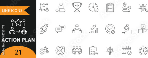 A professional set of 21 minimalist line icons representing action plans, strategic milestones, and goal execution. Ideal for corporate project management presentations, productivity app UI, and busin