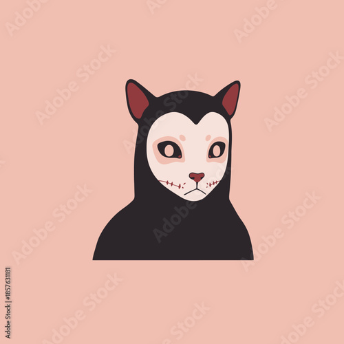 A stylized illustration of a black cat-like creature with a white mask-like face and red stitched mouth on a pink background.