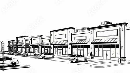 Detailed Illustration of a Commercial Strip Mall with Parking.