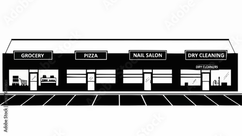 A row of small businesses in a commercial strip.