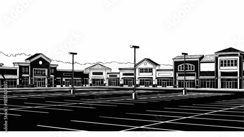 Shopping Center Illustration with Parking Lot and Storefronts.