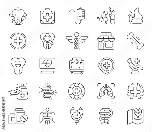 Healthcare icons set. editable line icons, outline medical and hospital symbols