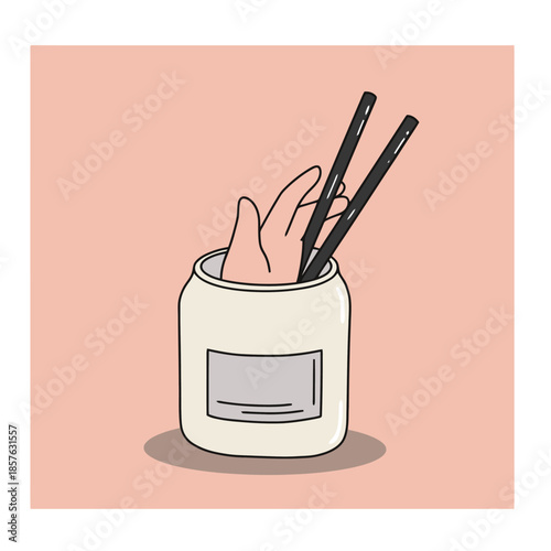 A hand reaching into a jar with chopsticks, on a pink background, in a simple cartoon style.