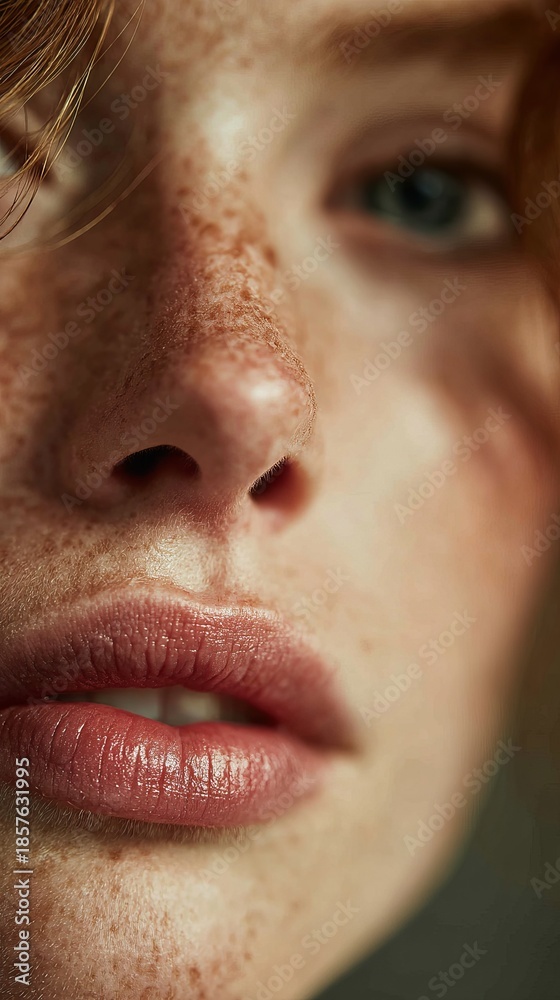 Fototapeta premium Extreme close-up portrait of natural lips with hydrated gloss finish, realistic skin texture and soft lighting, photorealistic beauty photography