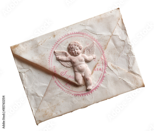 Wallpaper Mural A vintage airmail envelope with a delicate cupid stamp is isolated against a transparent background. The envelope shows wrinkles and a timeless design, perfect for romantic themes Torontodigital.ca