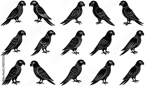 A flock of birds in silhouette flying in a curved line across a white background, isolated on transparent background