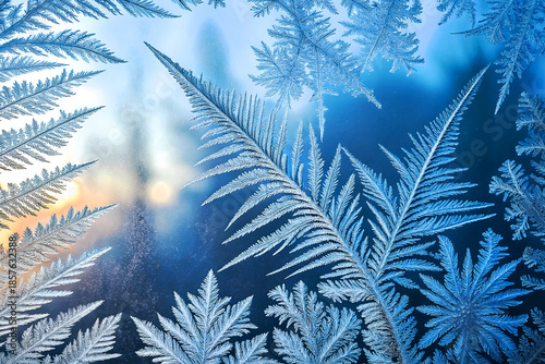 The frozen beauty of intricate frost patterns on the window.