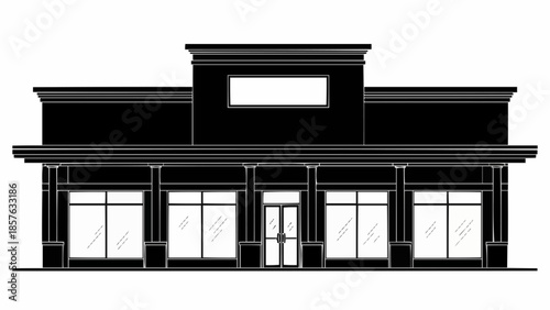 Black and white illustration of a commercial building facade.