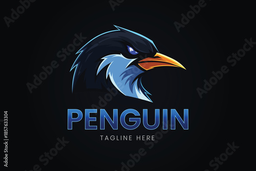 Blue Penguin Head Profile Portrait Vector logo template
