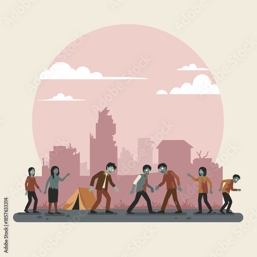 A group of zombies shambling across a desolate landscape with a ruined city skyline in the background, depicting a post-apocalyptic scene.