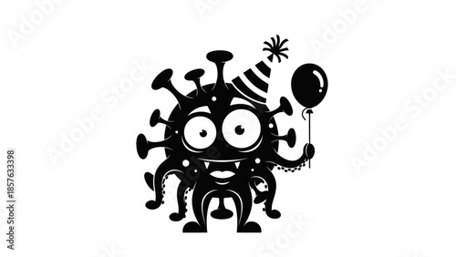 Funny Cartoon Virus Character with Party Hat and Balloon isolated white background