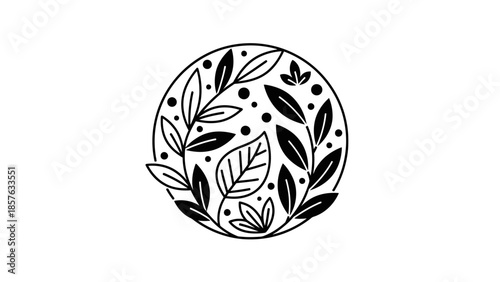 Elegant black circle of leaves and branches, natural organic floral design element, isolated white background.