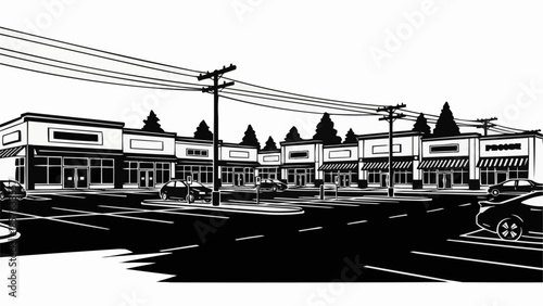 Black and White Illustration of a Commercial Strip Mall.
