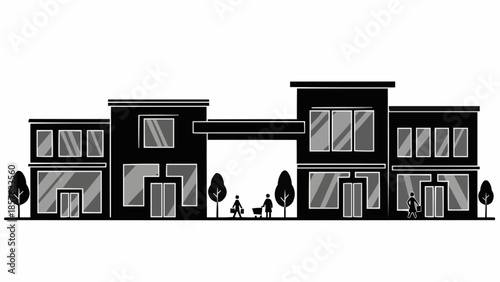 Silhouette of a Modern Shopping Center with Pedestrians.