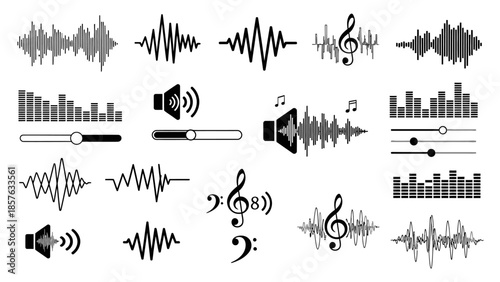 Set of black audio sound waves, music notes, equalizer bars, and speaker icons, sound and music visualization, isolated white background.