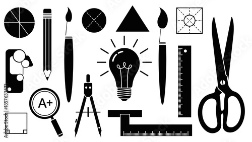 Collection of school and art supplies including scissors, ruler, pencil, brush, compass, and lightbulb, creativity and education concept, isolated white background.