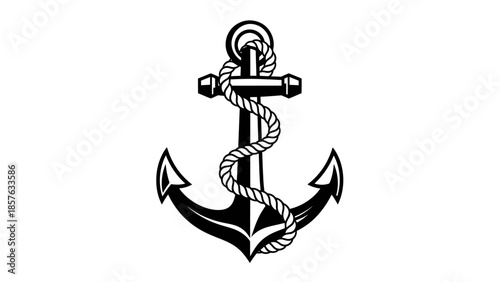 Classic black anchor with rope, nautical marine symbol of stability and adventure, isolated white background.