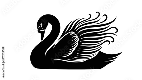 Detailed black silhouette of a majestic swan with elegant feathers, graceful bird symbol, isolated white background.