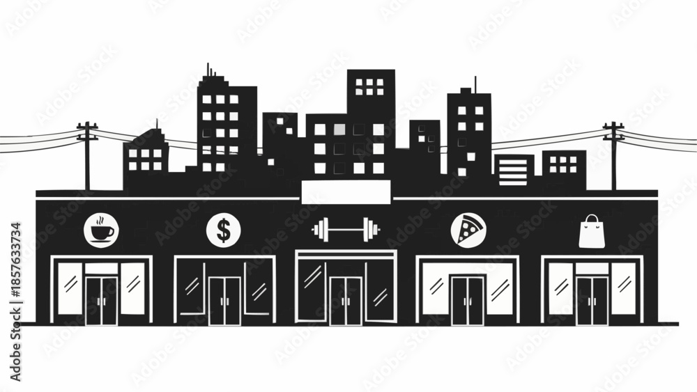 Obraz premium Silhouette of a Commercial Building with Various Shops and Cityscape.